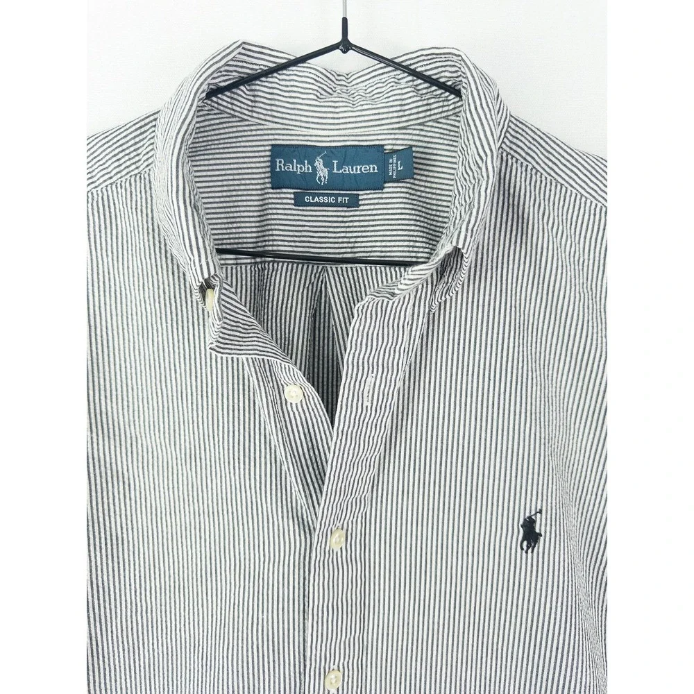 Ralph Lauren Classic Fit Short Sleeve Button Down Seersucker Shirt Mens L Blue S